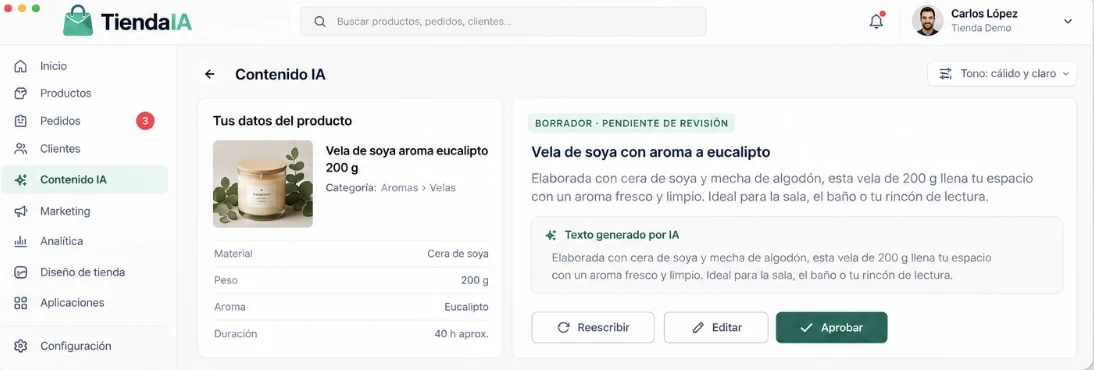 Asistente de contenido de TiendaIA generando una descripción de producto pendiente de aprobación (datos de demostración)